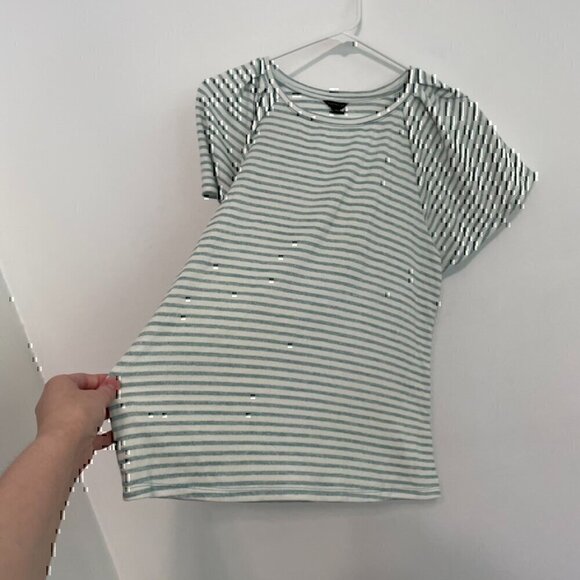 NEW NWT ANN TAYLOR Stripe Flutter Sleeve Tee White Aqua Blue Short Sleeve Knit S - Picture 9 of 12